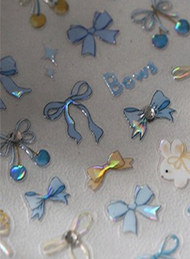 Maigitur 5D Embossed Bow Nail Stickers Blue Bow Nail Art Stickers Self-Adhesive Rabbit Nail Decals Ribbon Nail Sticker with Rhinestone Design Spring Summer Nails Supplies for Women Girls DIY Manicure - Image 4